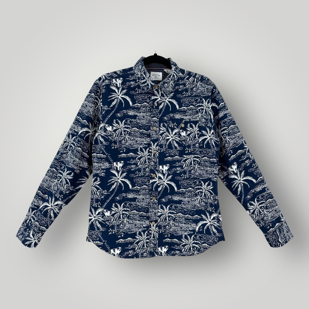 RJC Rebel James & Charli Men's Small Hawaiian Dog Shirt Long Sleeves Blue White